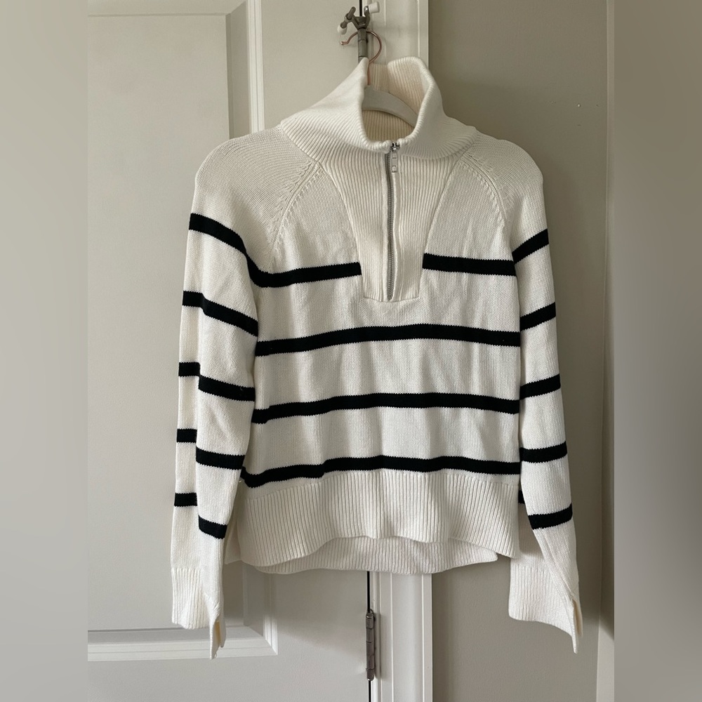 Abercrombie & Fitch White Half-Zip Sweater with Black Stripes